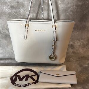 Michael Kors White Saffiano Leather Tote and Wallet with Gold Hardware